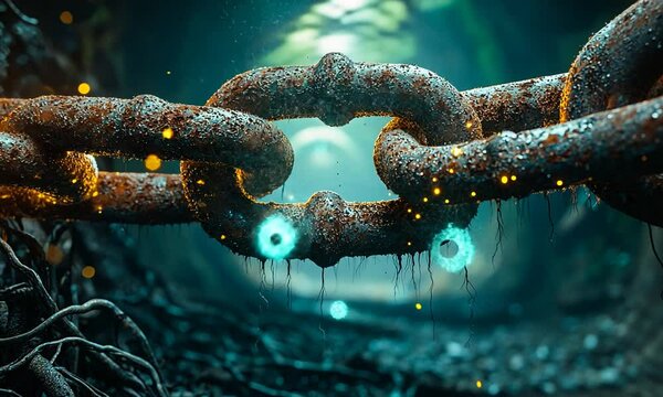 Rusty chain links submerged in a mystical underwater environment with glowing particles