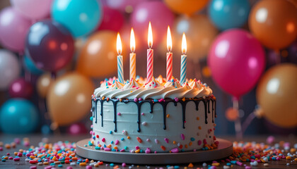 Colorful Birthday Cake Big with Lit Candles and Festive Decorations