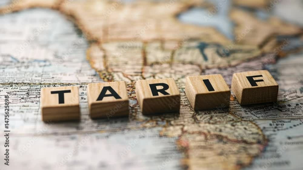 Poster a wooden block map spelling out the word tarie on a background