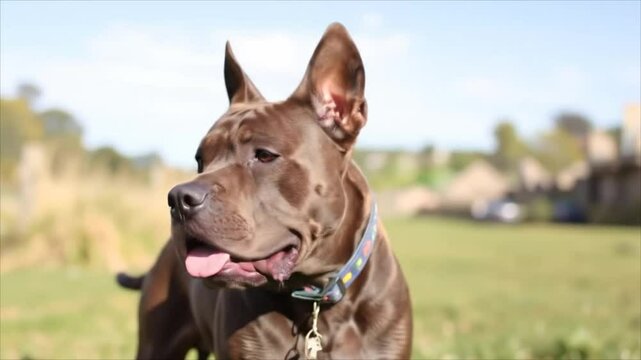 Happy dog enjoying a sunny day outdoors. Cane Corso with cropped ears  