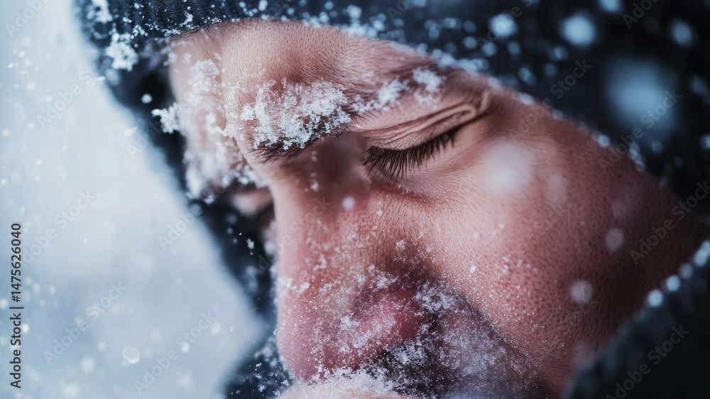 Poster close-up shot of a person's face covered in snow, possibly after playing outside or walking through 