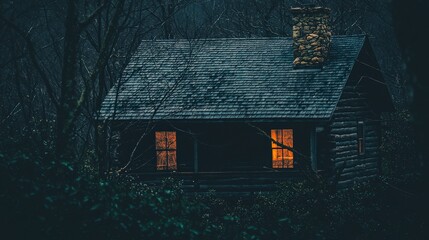 Cozy Cabin in the Woods with Warm Light and Stone Chimney