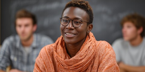 Obraz premium Smiling african female young student in classroom