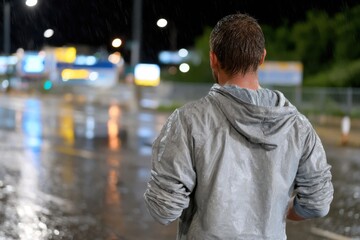 Fototapeta premium A solitary figure stands under heavy rain, lost in thought, showcasing the themes of reflection and resilience in a rainy urban environment with bright reflections.