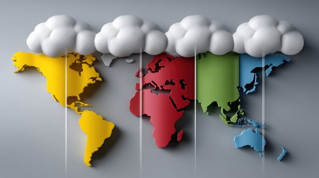 Colorful World Map with Clouds Over Continents