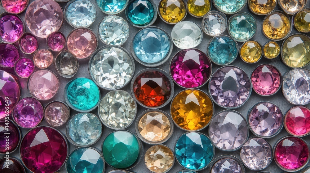 Poster gems of various colors laid in circular trays showing different levels of polish