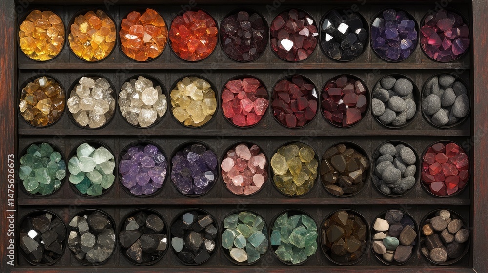 Aufkleber gems of various colors laid in circular trays showing different levels of polish