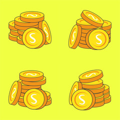 Cartoon Gold Coins Stack Set, Colorful set of four cartoon style illustrations featuring stacks of shiny gold coins with the letter "S" on a bright yellow background