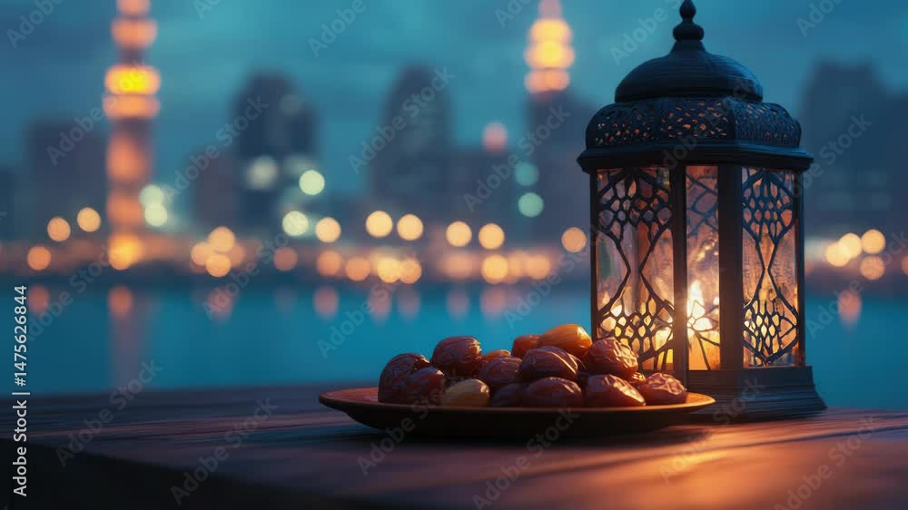 Poster A plate of dates on a table with a city in the background