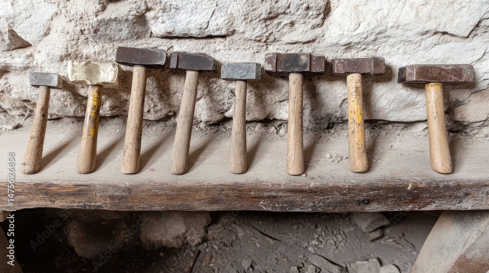 Poster goldsmithing hammers of varied weights lined up with other hand tools on a rustic bench