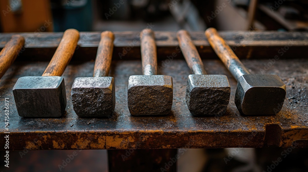 Poster goldsmithing hammers of varied weights lined up with other hand tools on a rustic bench
