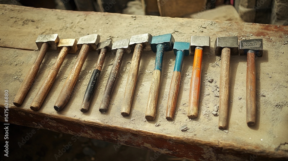 Poster goldsmithing hammers of varied weights lined up with other hand tools on a rustic bench