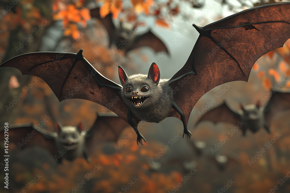Poster a group of bats flying through a forest with autumn leaves, showcasing their sharp features and move