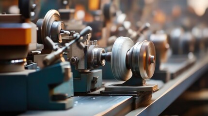 Fototapeta premium Industrial setting with a row of machines polishing and buffing metal components in a jewelry workshop