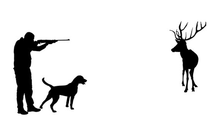 Aiming hunter man with dog shotgun rifle shooting deer vector silhouette illustration isolated. Hunting boy target elk buck. Shooter kill animal outdoor sport hobby. Male primal instinct hunt food.
