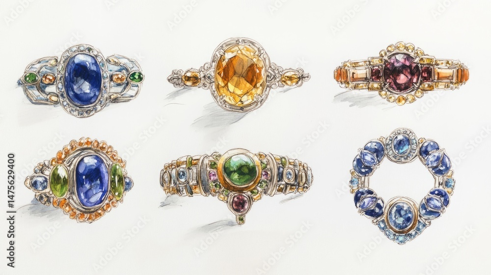 Poster jewelry rendering in sketchbook showing different styles of gemstone clasps and fasteners