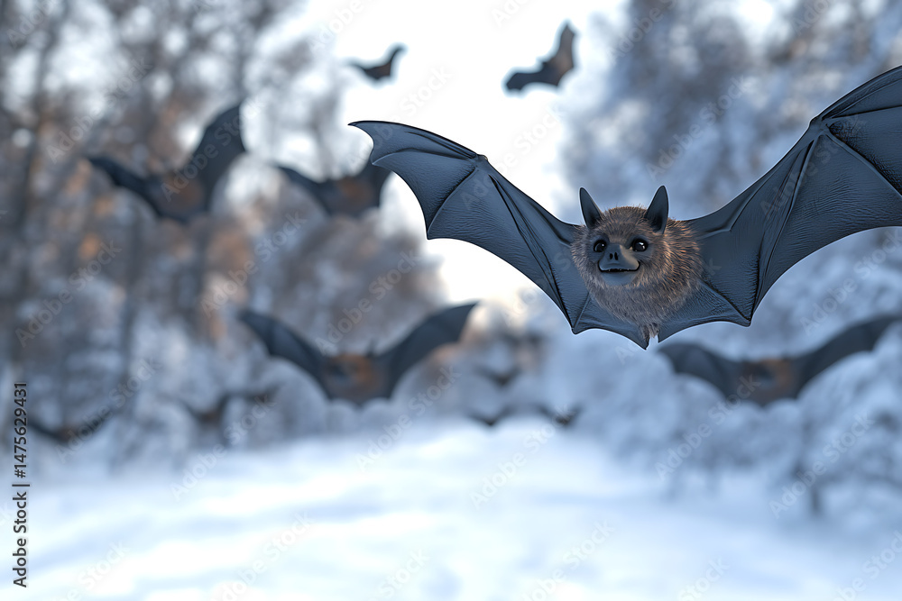 Poster a group of bats flying over a snowy forest path during twilight, creating a mystical atmosphere