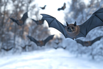 A group of bats flying over a snowy forest path during twilight, creating a mystical atmosphere