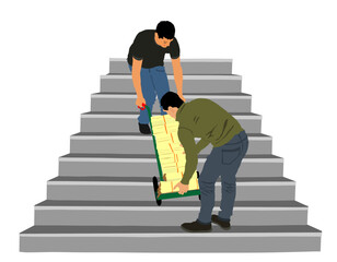 Delivery man carrying box on cart pallet package vector illustration isolated. Distribution storehouse. Laborer boy holding load service. Handy man shipping move action workers moving down the stairs.