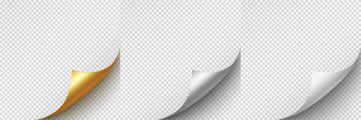 Curled page corners isolated on transparent background. Blank curve paper edge, bent sheet, note angle with realistic shadow. Vector rolled up stickers, peel banners