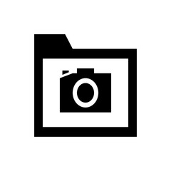 A black and white icon of a folder containing a camera image representing a photo album or gallery view
