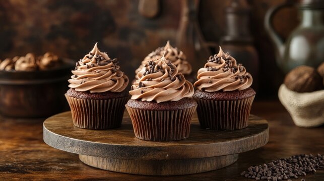 Indulge in decadent delight! These chocolate cupcakes, topped with creamy frosting and chocolate chips, are a sweet temptation.