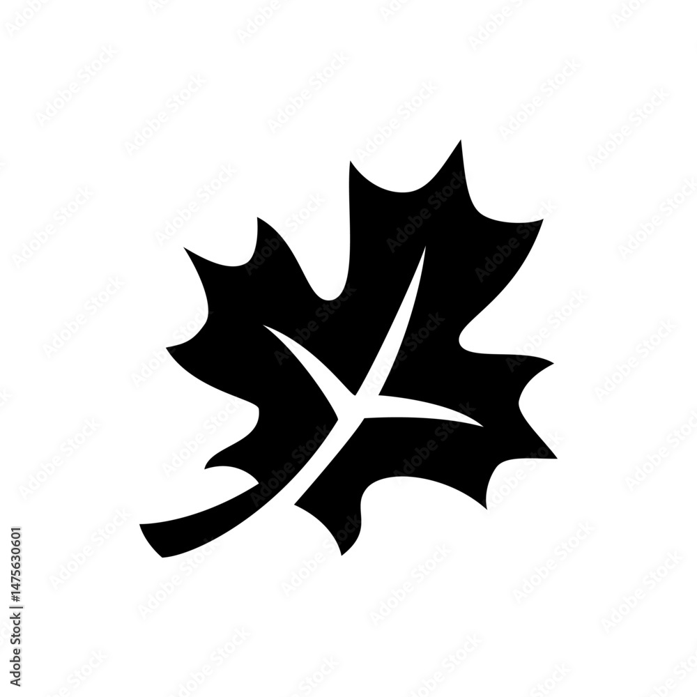 Poster illustration of a single black leaf with distinct veins and jagged edges on a white background image