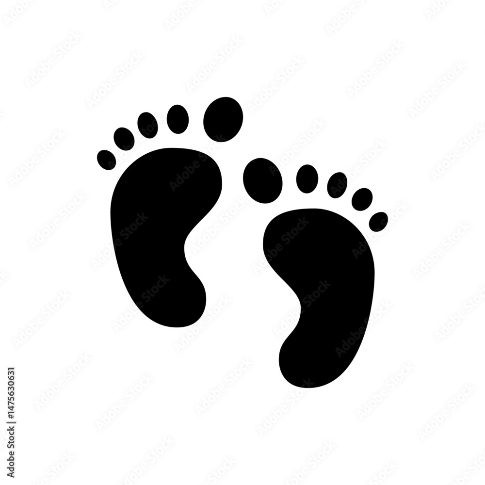 Poster two black footprints with toes pointing upwards on a white background in a simple graphic style