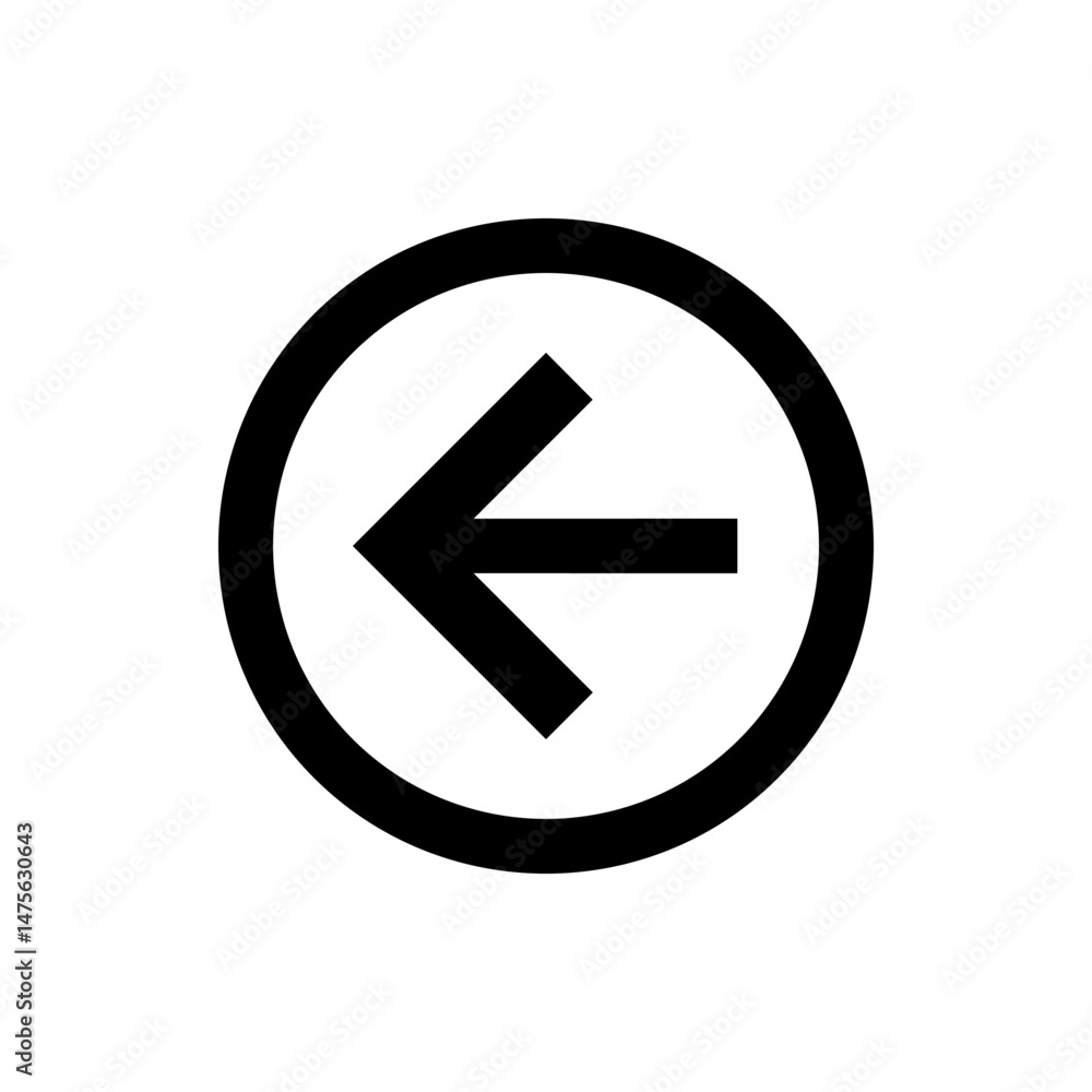 Poster black left arrow inside a black circle pointing to the left direction on a white background design a