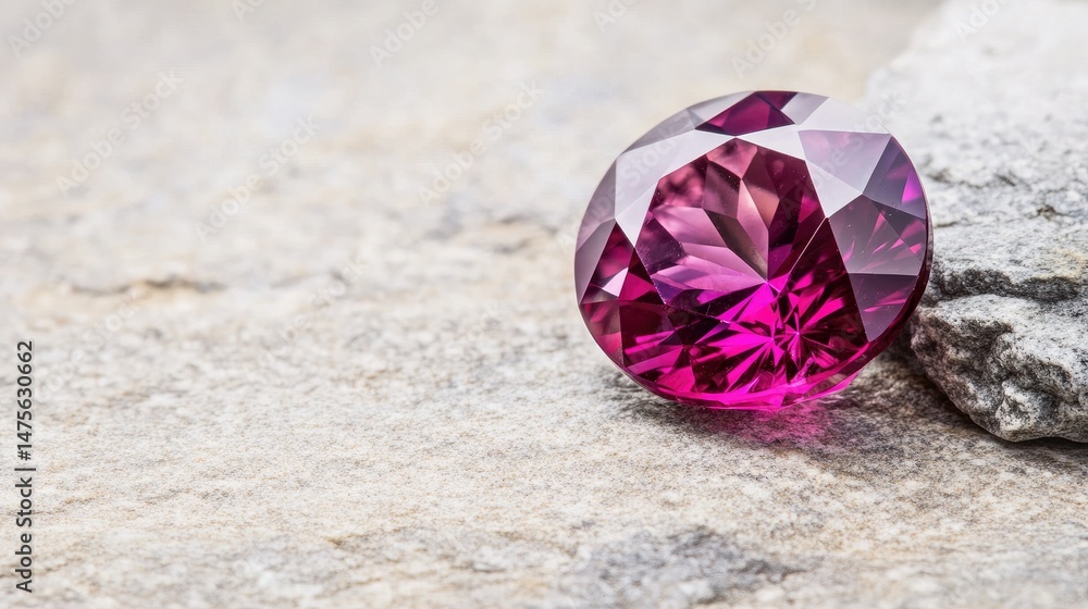 Poster macro of a finished gemstone under x magnification beside its faceting notes and reference image