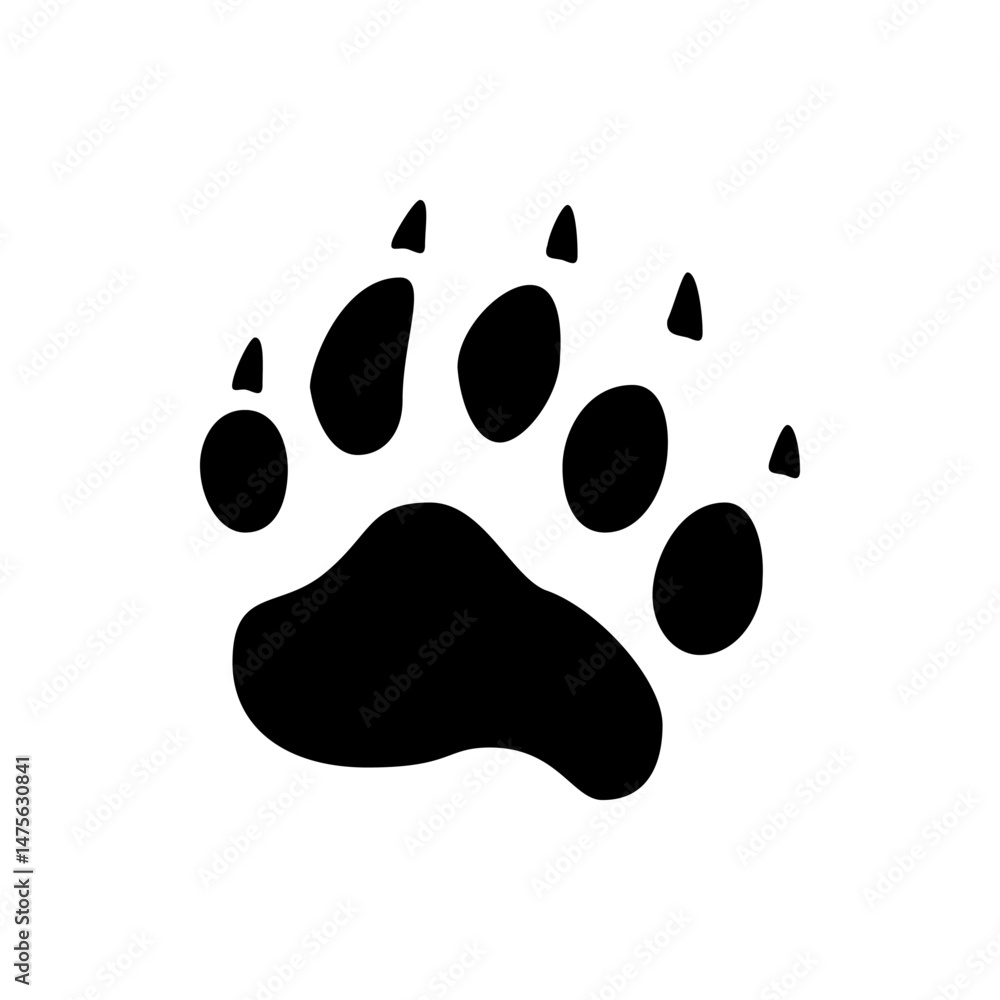 Poster illustration of a black bear paw print with five toes and visible claws on a white background design