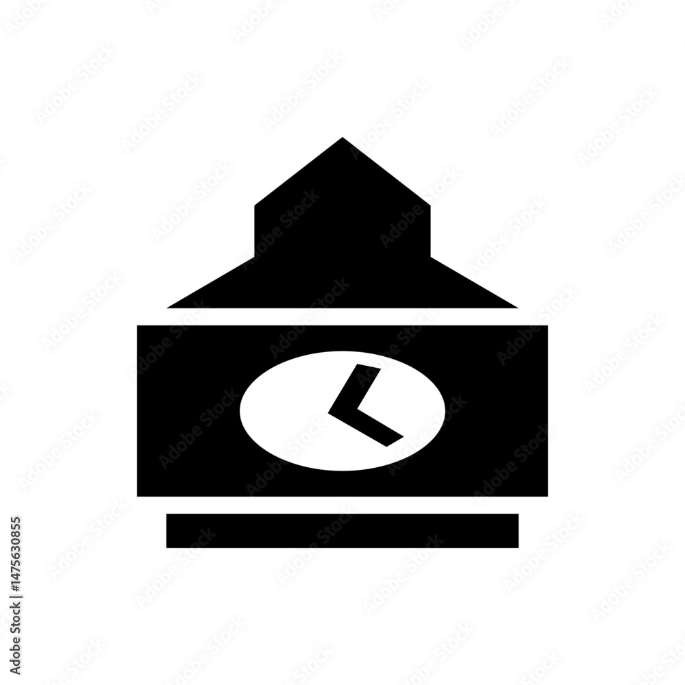 Poster illustration of a clock tower with a triangular roof and a clock face showing the time in black and 