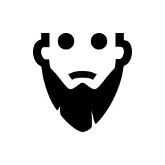 Illustration of a stylized face with a full beard two round eyes and a frowning mouth in black and white