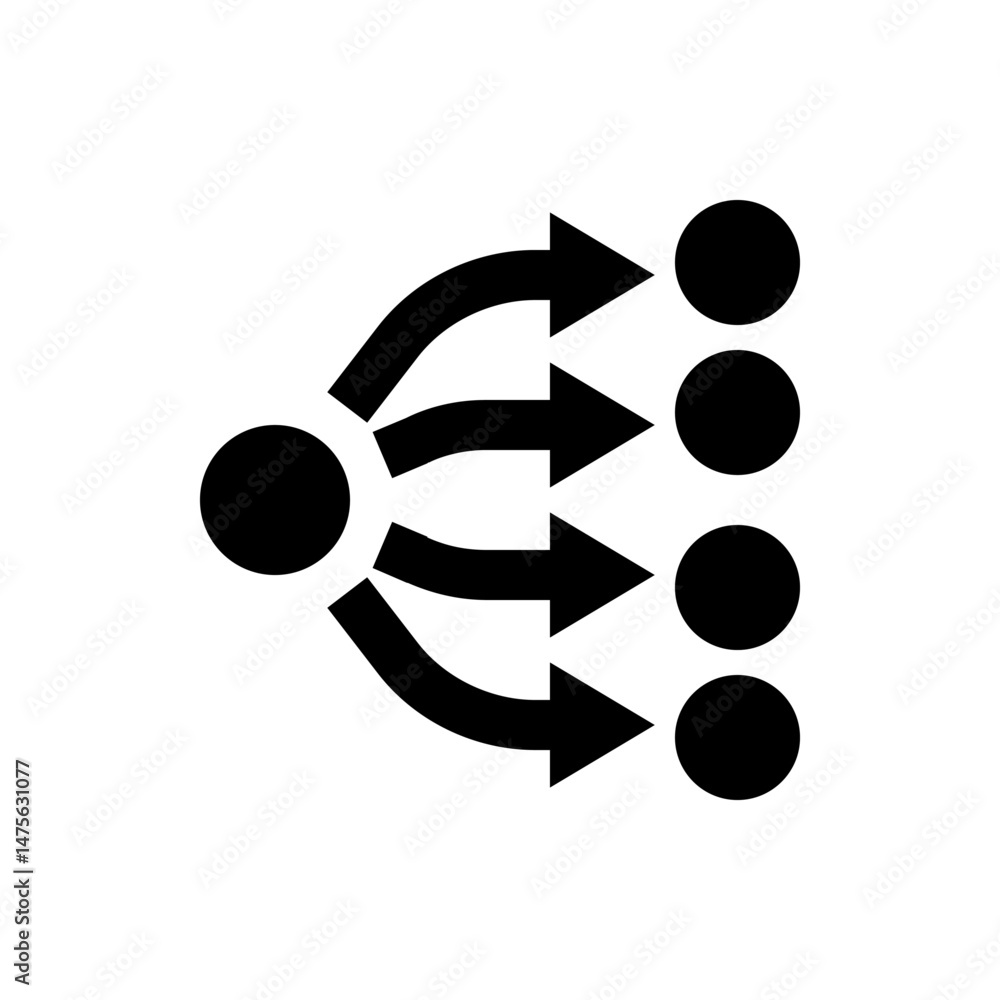 Poster black circle diverging into four curved arrows pointing to four black circles on a white background 