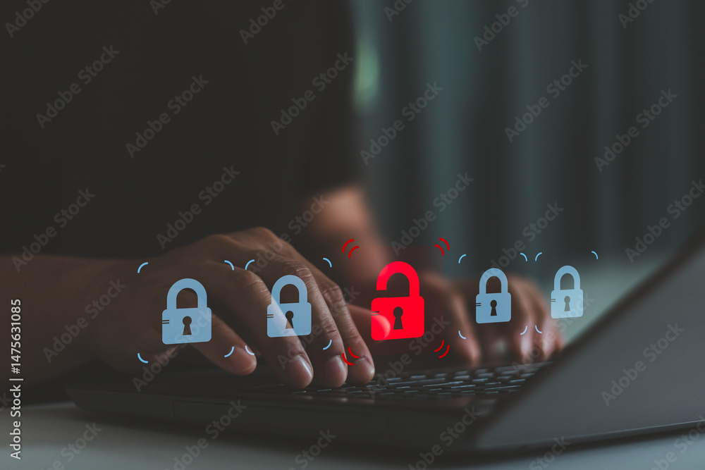 Aufkleber cyber crime, cyber security alert warning concept. man using laptop for verification, identification