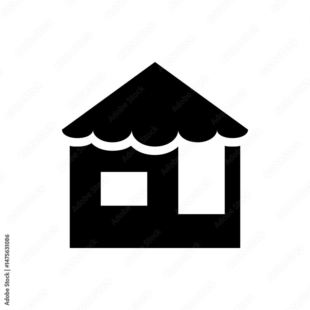 Poster illustration of a simple black house with a triangular roof and two windows on a white background pl