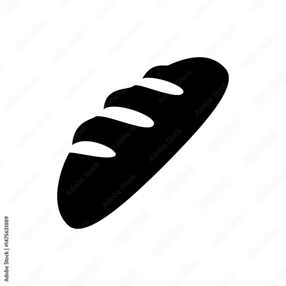 Poster illustration of a black baguette with four segments on a white background in a simple vector style