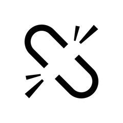 Illustration of a broken chain link with two u shaped segments and radiating lines in black and white