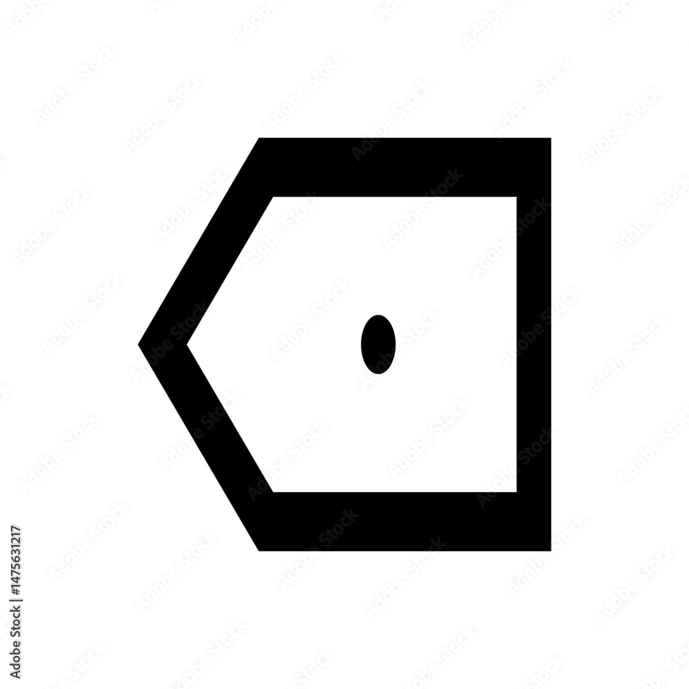 Poster black outline of a stylized inbox icon with a pointed left side and a central dot on a white backgro