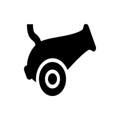 A black silhouette of a cannon with a wheel and a curved handle is displayed on a white background