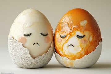 Creative depiction of sad and whimsical egg characters with expressive faces showcasing emotion and artistic flair in a minimalist setting