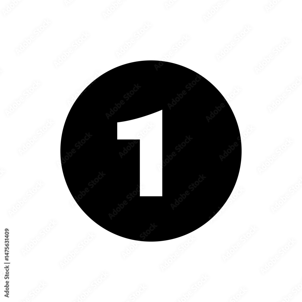 Poster illustration of a white number one centered within a black circle on a white background design eleme