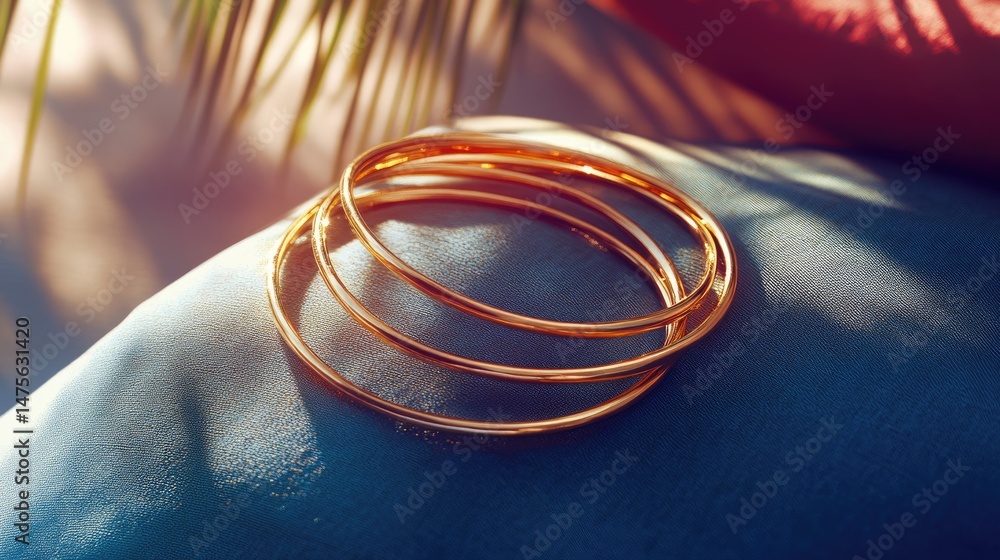 Poster minimalist handmade gold bangles resting on a soft cushion with subtle shadows and warm tones