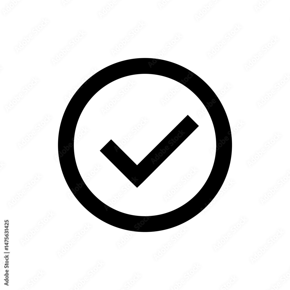 Poster black check mark inside a black circle indicating approval or confirmation in a simple graphic desig