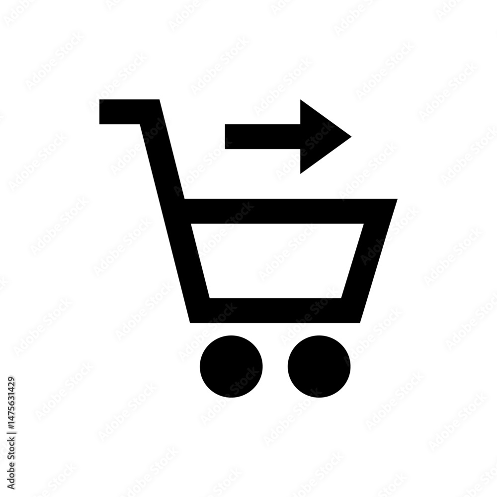 Poster black shopping cart with right arrow indicating checkout process on a white background in simple sty