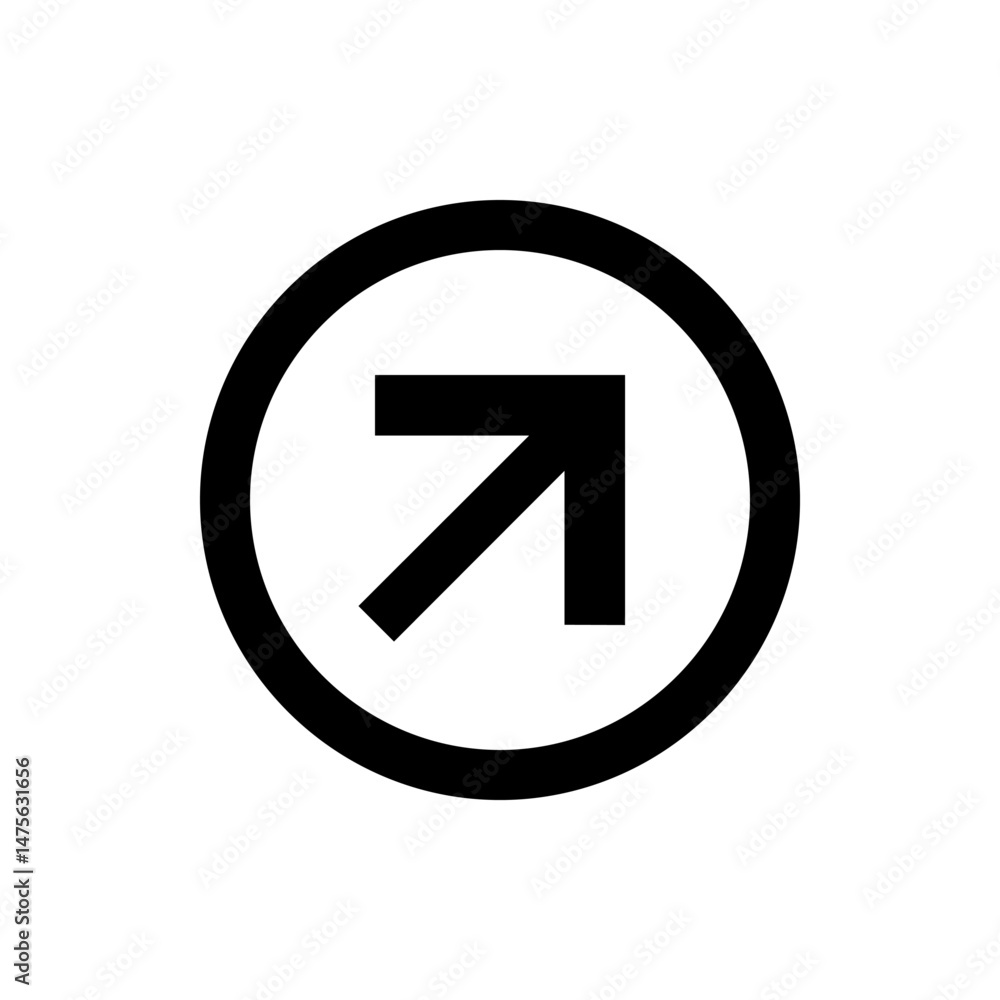 Poster black arrow pointing to the upper right direction inside a black circle on a white background design