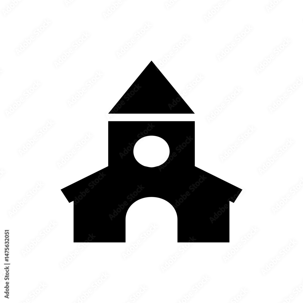 Poster black and white graphic of a building with a triangular roof and two circular windows or openings in