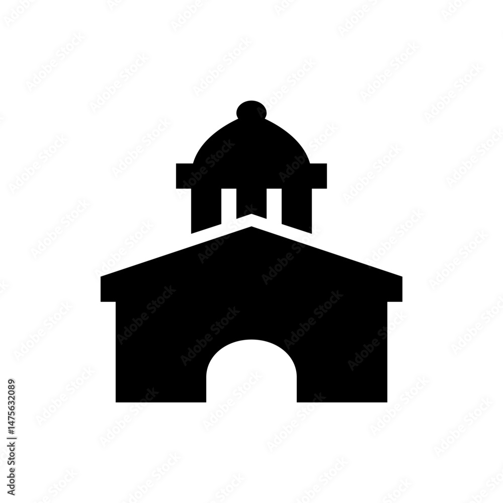 Poster silhouette of a building with a dome on top, featuring a rounded entrance and simple architectural d