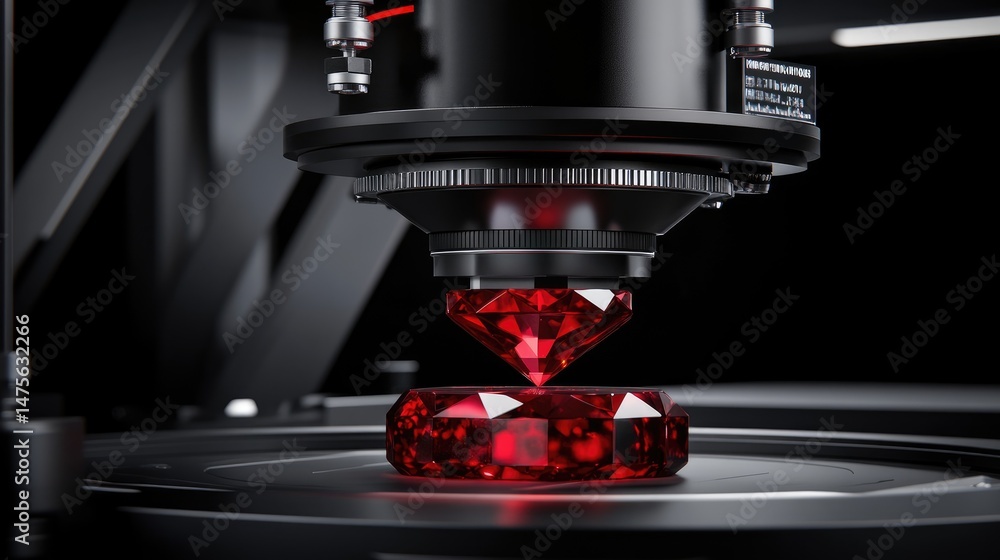 Poster optical inspection lens mounted on a workstation with a ruby beneath, highlighting facet alignment