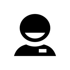 Illustration of a stylized person with a round head, a curved line for a mouth, and a name tag on their shirt